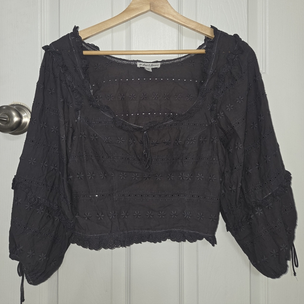 For Love And Lemons Charcoal Grey Floral Eyelet Blouse